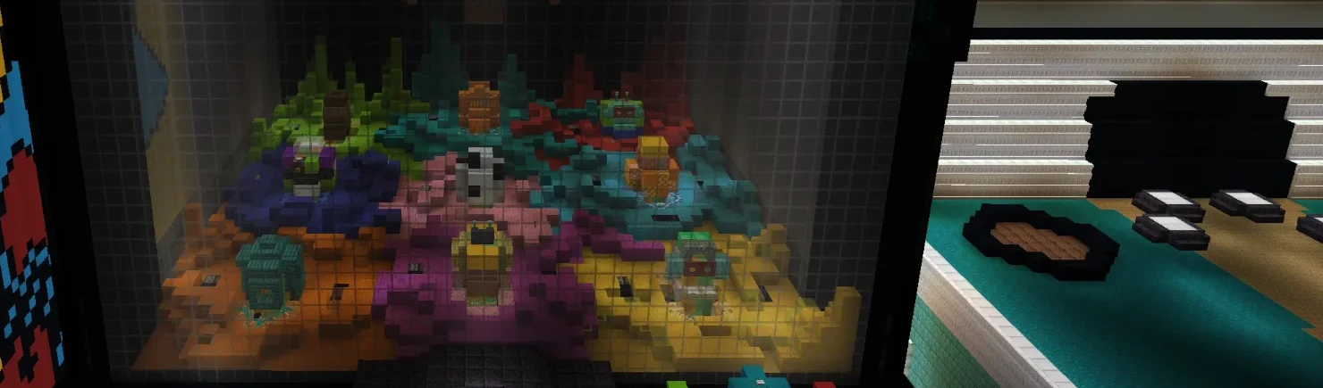 Inside the claw machine prize pit — nine colourful toys arranged on the coloured tiles behind the glass