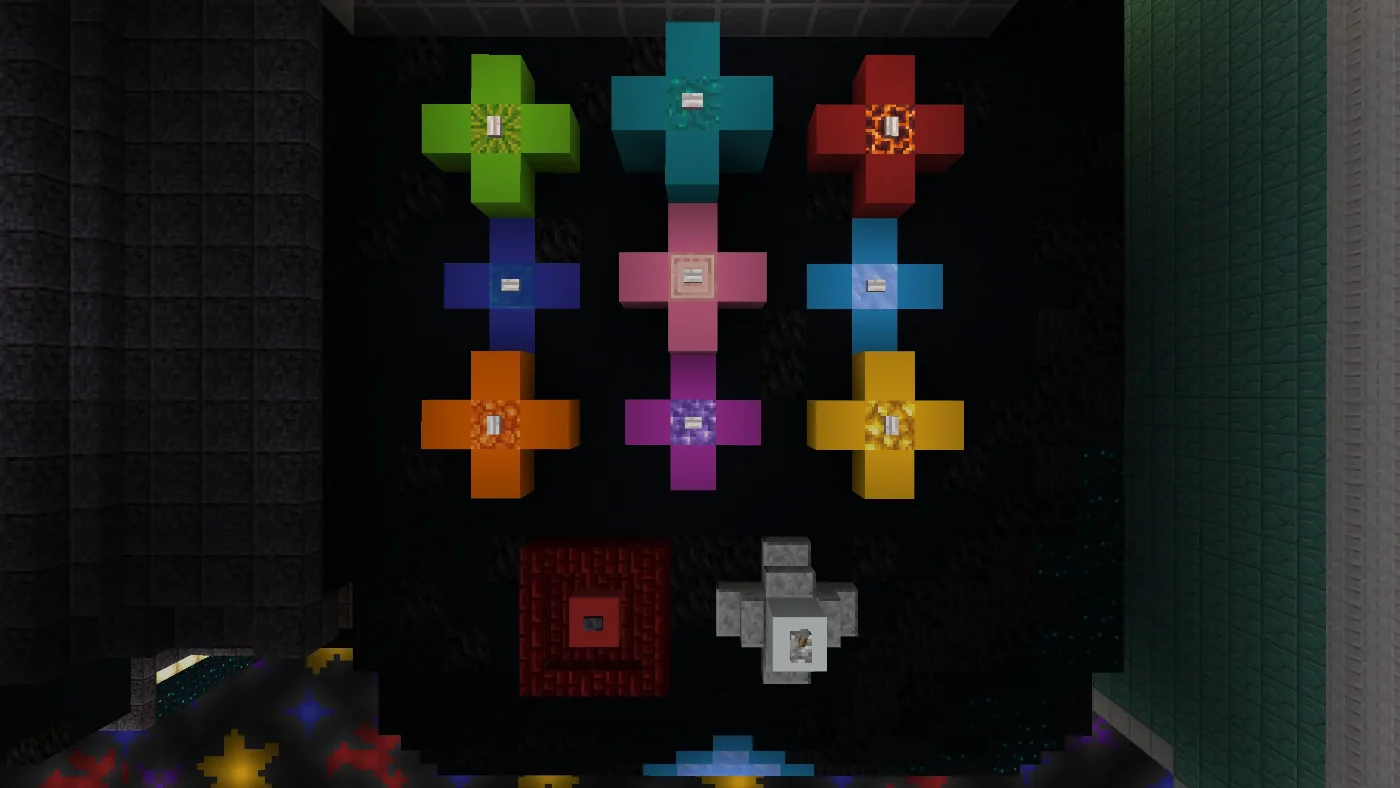 The claw machine control panel: a three by three grid of colour-framed buttons with a red reset button below