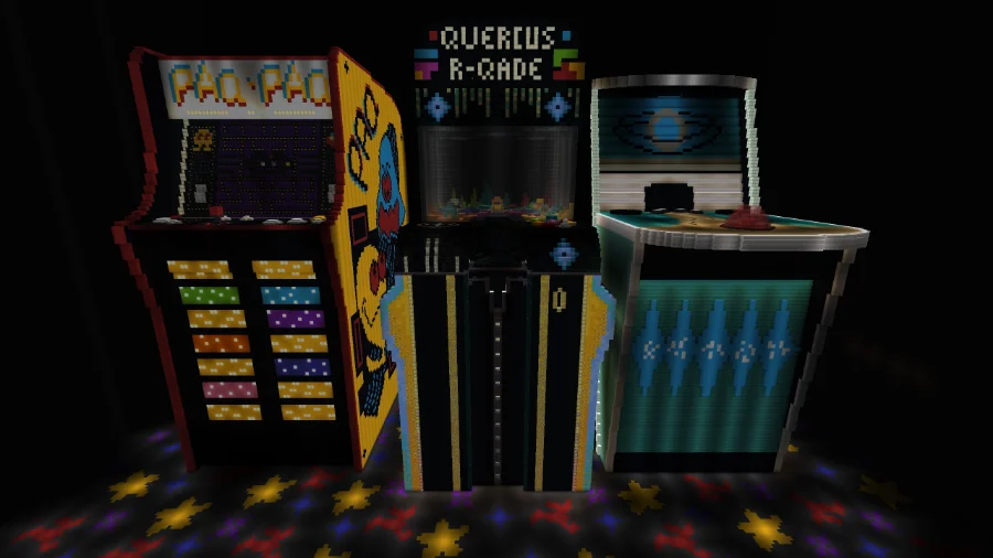 The same three arcade cabinets lit from above, marquees and side art clearly readable