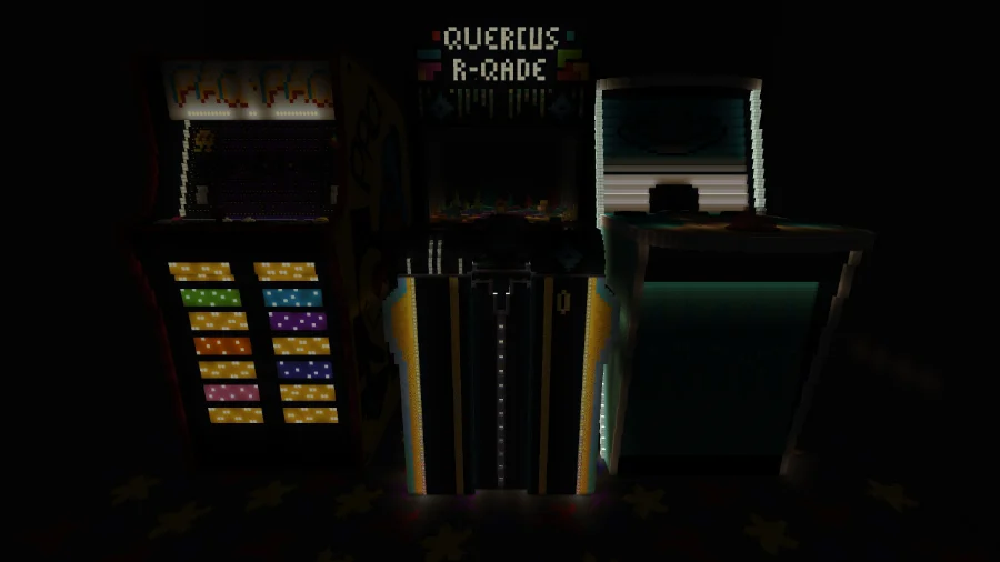 The three arcade cabinets with the roof sealed, almost entirely lost in darkness