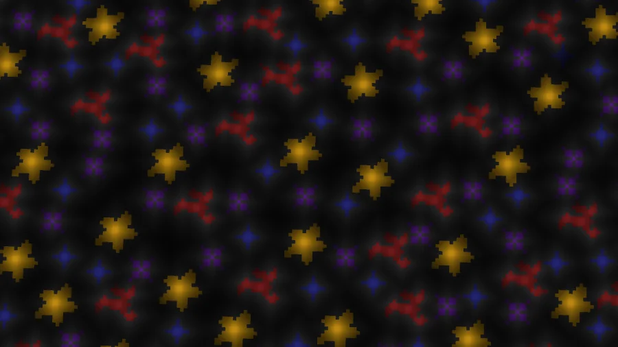 The same arcade floor lit from above, revealing a dense pattern of gold, red, blue and purple stars