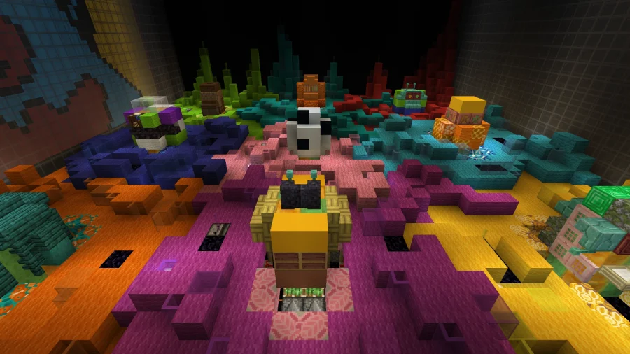 The same prize casing lit from above, the coloured tiles and individual toys clearly picked out