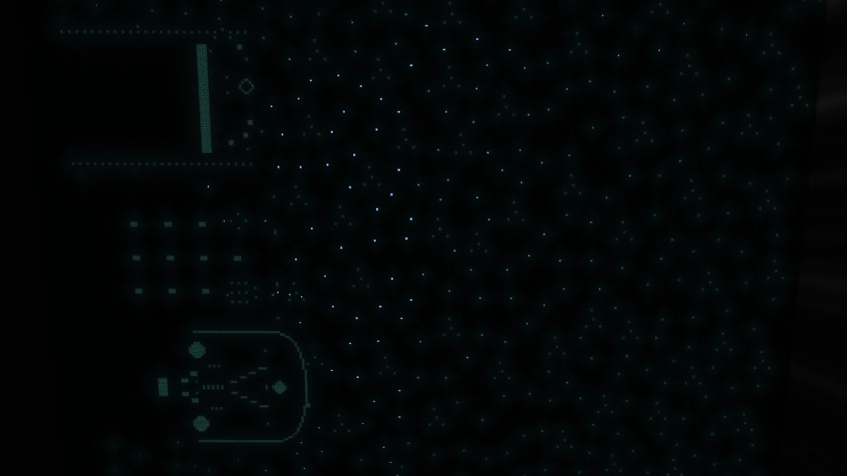 Looking up at the arcade's black roof, scattered with small holes that read as points of light