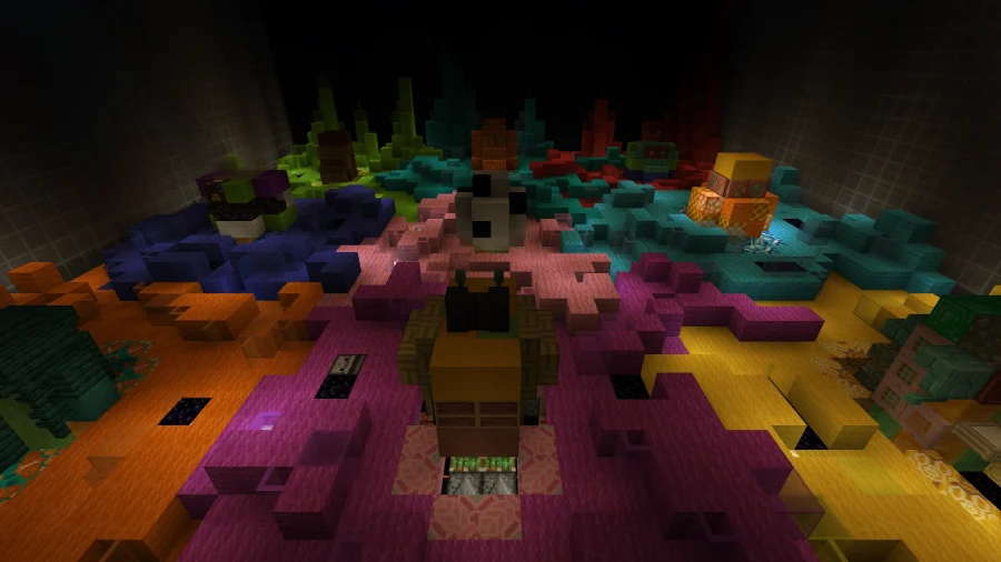 The inside of the claw machine prize casing unlit, the toys and tiles muted and hard to separate