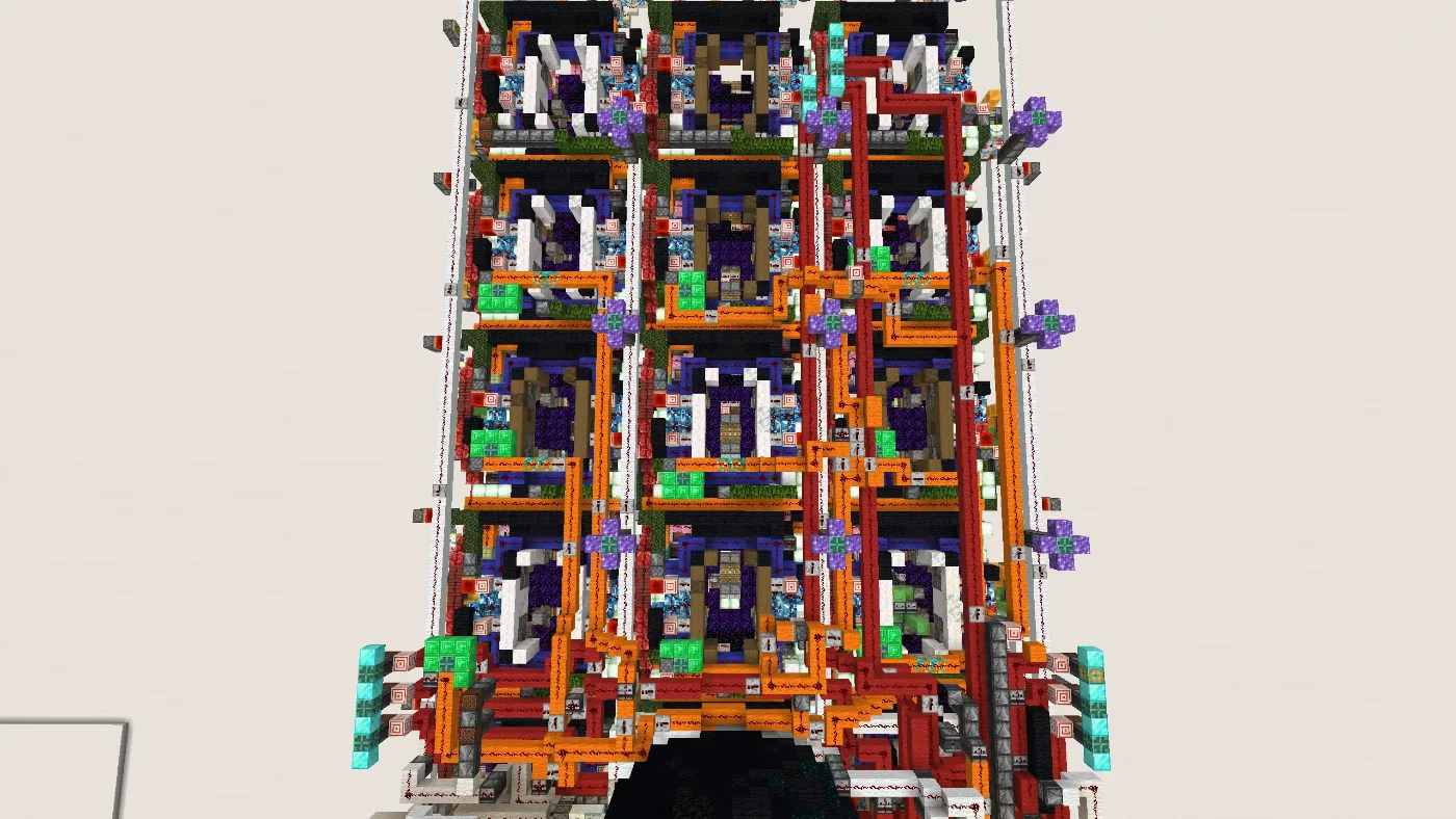 The smart tile delivery system, a dense multi-layer grid of pistons, observers and redstone