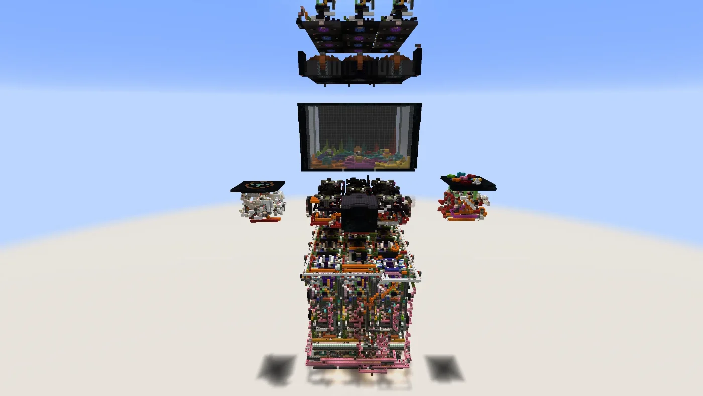 An exploded view of the arcade claw machine build, showing the cabinet separated into its internal layers