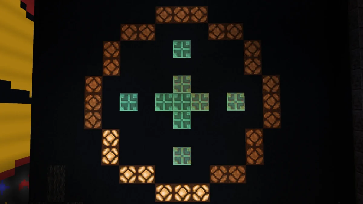 The claw machine's timer — a ring of copper blocks around a lit central cross, part of the ring glowing